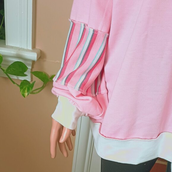 Lovely Melody Long Sleeve Top XL Pink & Stripe Collared Exposed Seam Blouse - Picture 3 of 8